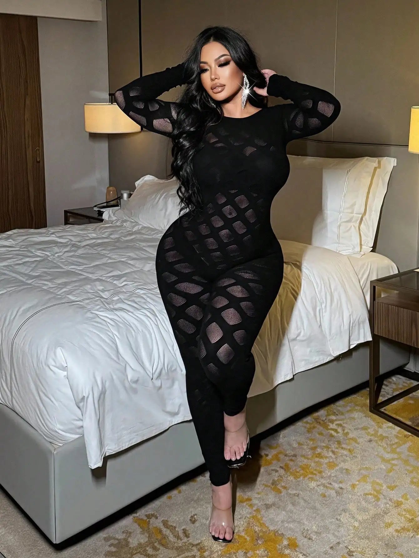Women's Sexy Jumpsuits Black Sexy Hollow Out See Though Bodycon One Piece Sheer Lace Panel Long Sleeve Nightclub Party Wear