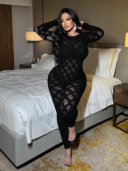 Women's Sexy Jumpsuits Black Sexy Hollow Out See Though Bodycon One Piece Sheer Lace Panel Long Sleeve Nightclub Party Wear