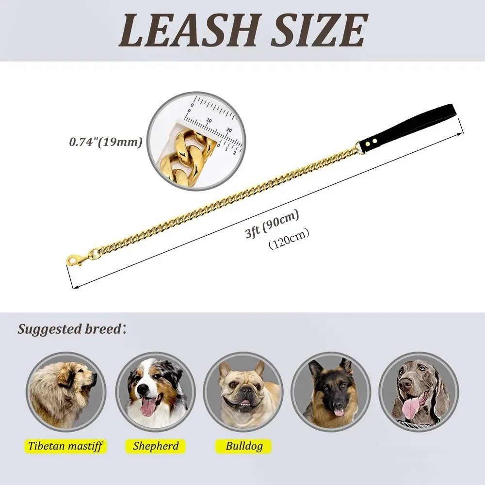 Traction Solid Super Strong Gold Collar Stainles Steel Dog Leash Pet Lead Chain 32mm 19mm Bulldog Pitbull Large Dog Collar Leash