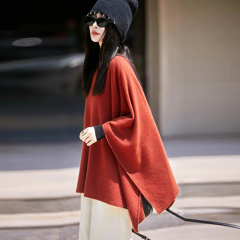 Autumn New 100% Merino Wool Shawl Pullover For Women Soft Solid Cashmere Knitwear Shawl Scarf Female Popular Sweater Grace Tops