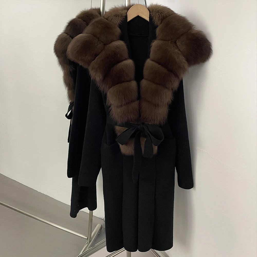 OFTBUY Fashion Warm Belt Real Fox Fur Cardigan New Natural Fur Collar Long Knit Jacket Women Atrumn Winter Top Clothing Female