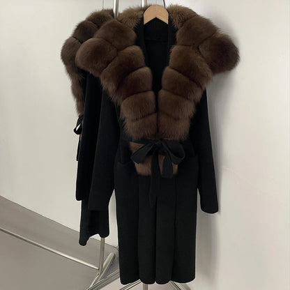 OFTBUY Fashion Warm Belt Real Fox Fur Cardigan New Natural Fur Collar Long Knit Jacket Women Atrumn Winter Top Clothing Female