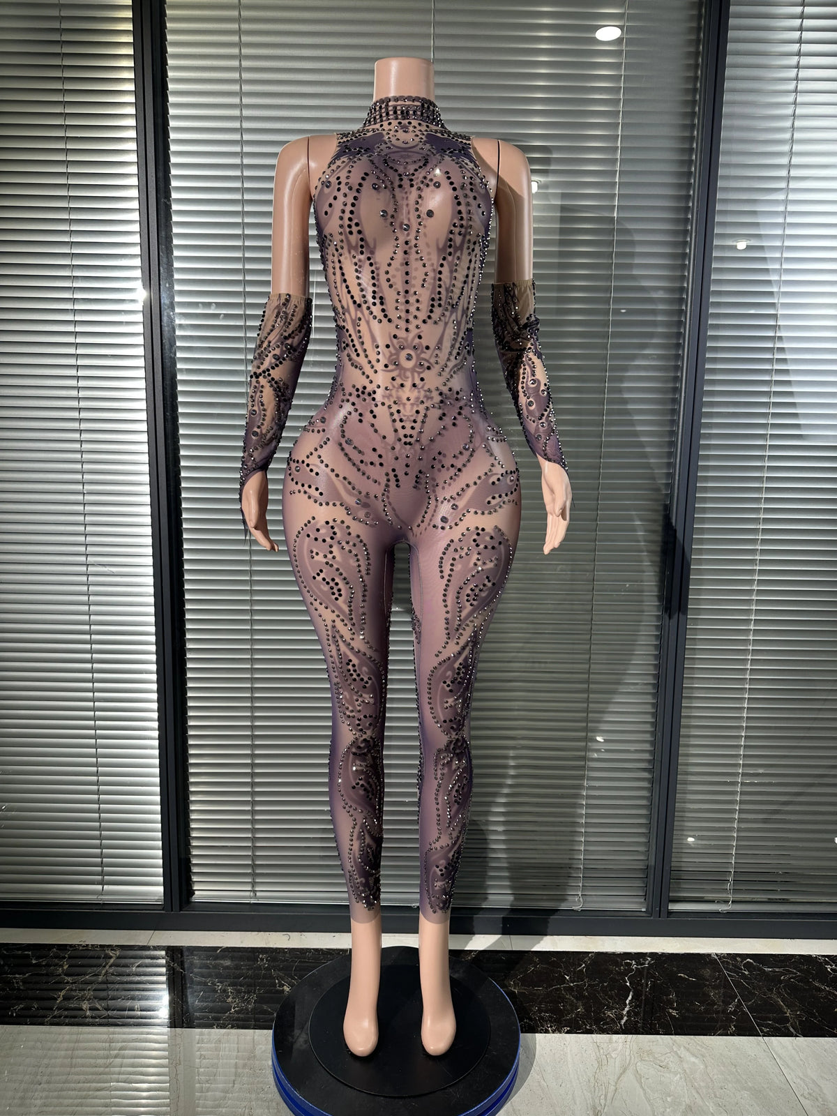 Chic Sheer Mesh Full Body Jumpsuit Women Sexy Rhinestone Embellished High Neck Slim-fit Outfit Nightclub Evening Party Costume