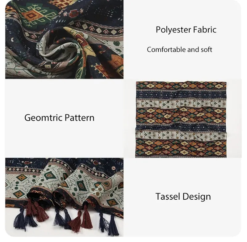 Summer Printing Geometry Tassel Scarf Women Artistic Luxury Fashion Versatile Thin Breathable Headscarf Shawls 185*80cm