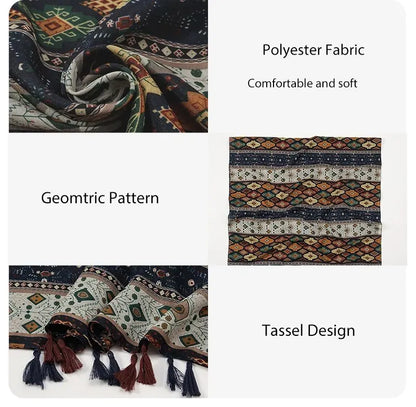 Summer Printing Geometry Tassel Scarf Women Artistic Luxury Fashion Versatile Thin Breathable Headscarf Shawls 185*80cm