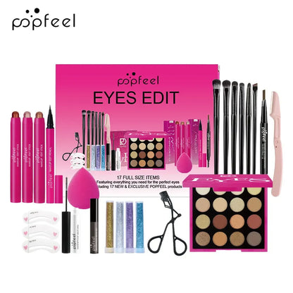 Essential Eye Makeup Set for Beginners Matte&Shimmer Eyeshadow Palette, Mascara, Eyebrow Pencil, Lip Eyeliner,Brush Tool Set Box