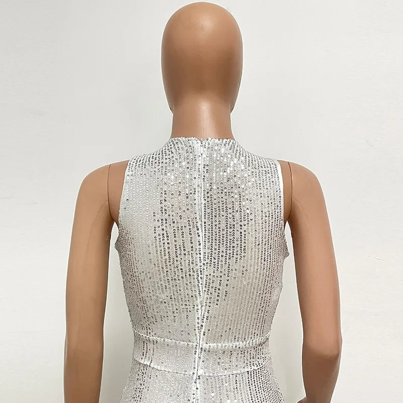Bling Bling Sequined Club Jumpsuit Sexy Women O-neck Elegant Shiny Sliver Gold Sequins Straight Romper Overalls