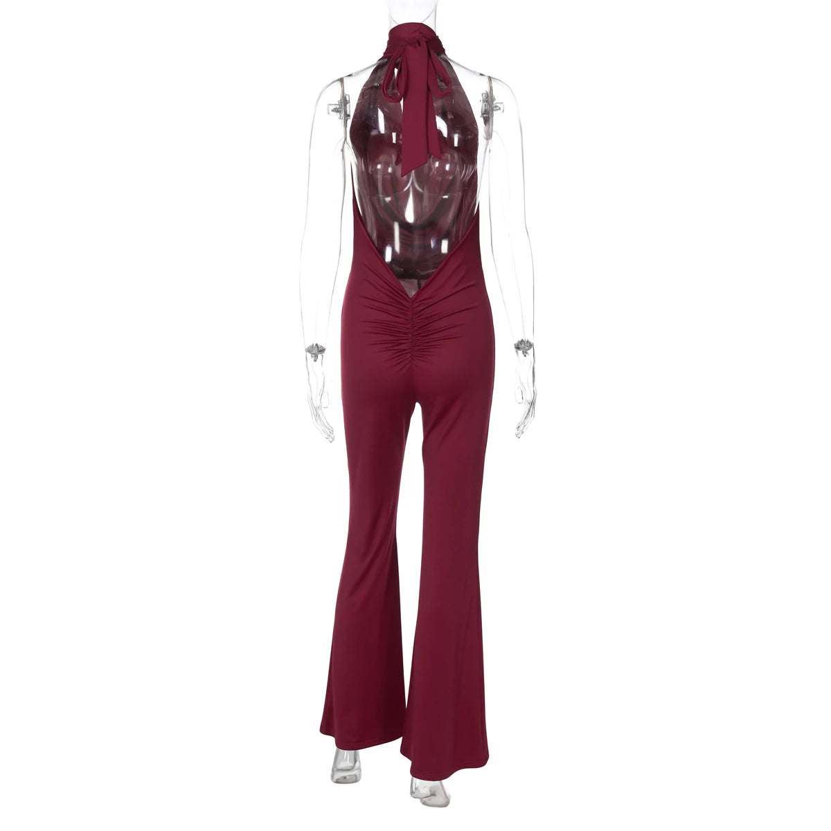 Dulzura Summer Solid Sexy Halter Swinging Collar Backless Slim Lace Up Flared Jumpsuit Women'S Fashion Elegant Party Club Romper