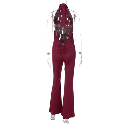 Dulzura Summer Solid Sexy Halter Swinging Collar Backless Slim Lace Up Flared Jumpsuit Women'S Fashion Elegant Party Club Romper