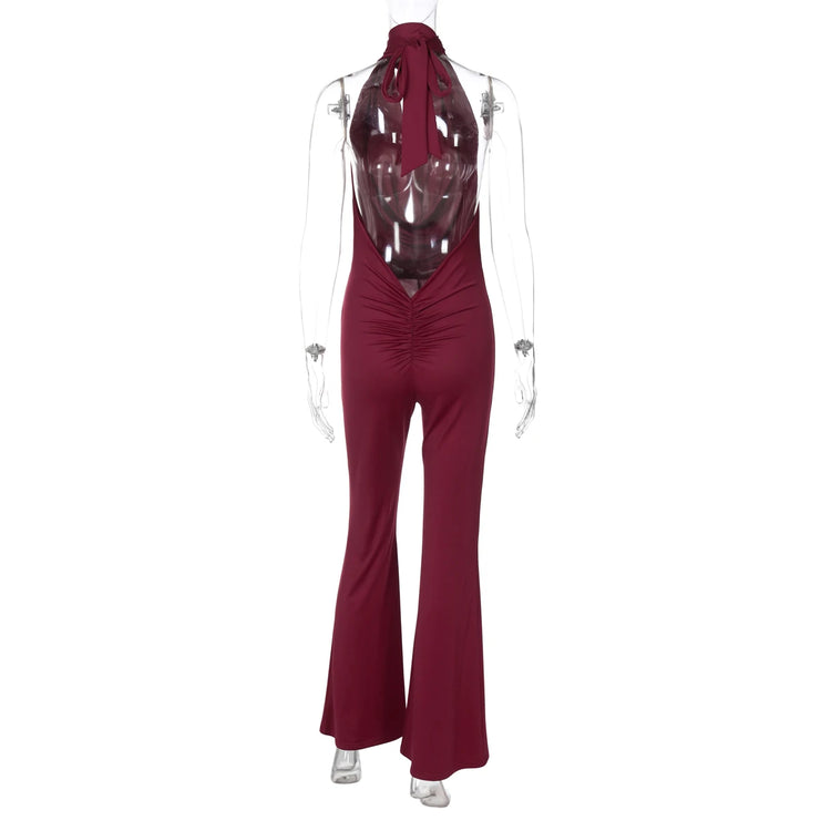 Dulzura Summer Solid Sexy Halter Swinging Collar Backless Slim Lace Up Flared Jumpsuit Women'S Fashion Elegant Party Club Romper