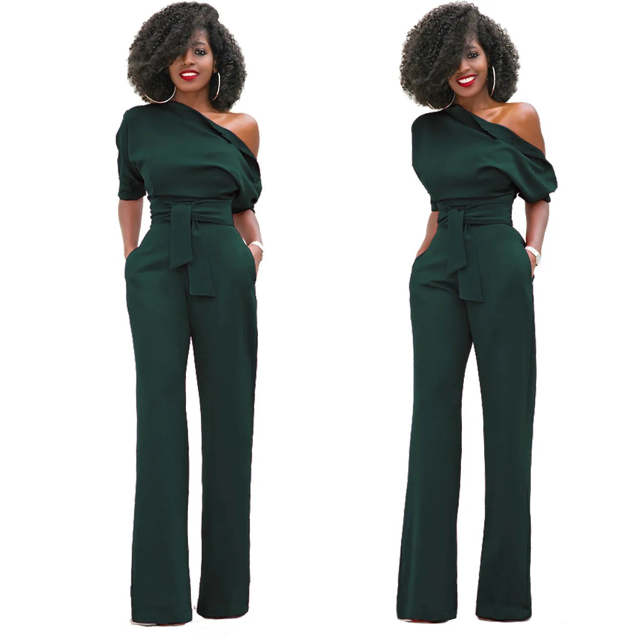 2024 Summer New Fashion Women's Jumpsuit Solid Color Slanted Shoulder Elegant Temperament Sleeveless Long Wide Leg Jumpsuit