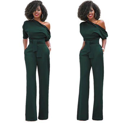 2024 Summer New Fashion Women's Jumpsuit Solid Color Slanted Shoulder Elegant Temperament Sleeveless Long Wide Leg Jumpsuit