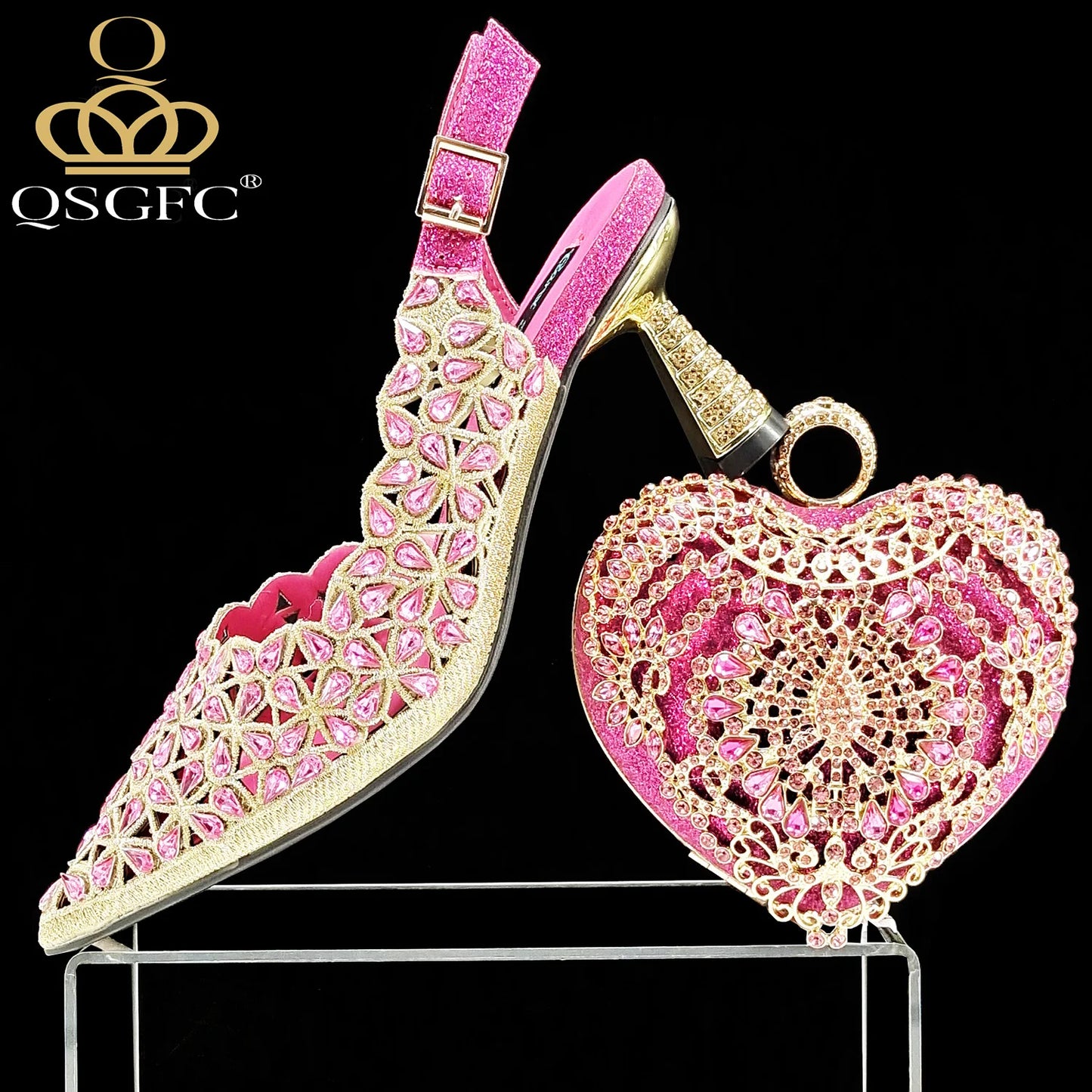 QSGFC Italian Design Rhinestone-encrusted Sex Ladies Shoes And Special Bag High Heels And Heart Shape Gold Mini Bag