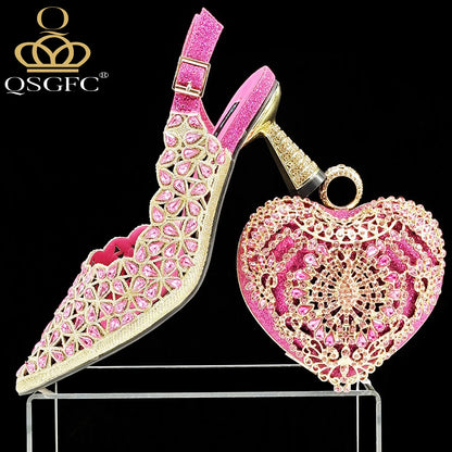 QSGFC Italian Design Rhinestone-encrusted Sex Ladies Shoes And Special Bag High Heels And Heart Shape Gold Mini Bag