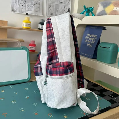 Preppy Style Blue Backpack for Girls, Plaid Spliced School Bag, Cute Nylon Daypack Star Pendant, Large Capacity Student Rucksack