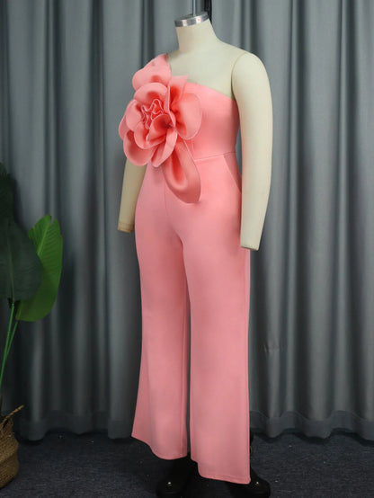 Women One Shoulder Jumpsuit Big Flowers Long Sexy Backless High Waist  Wide Leg Straight One Piece Classy Evening Party Rompers