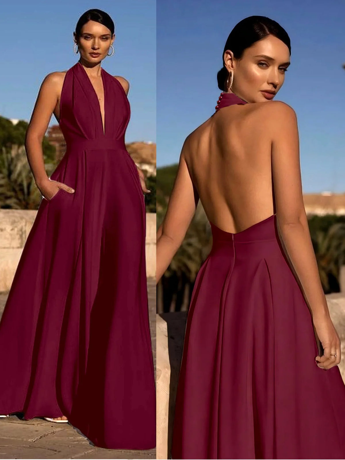Temperament Elegant Halter Neck Jumpsuits Women Sexy Deep V-neck Backless High Waist Wide Leg Jumpsuit Solid Color Female New