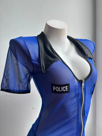 Tornova Women Sexy Policewoman Cosplay Uniform Slim High Waisted Patchwork See-through Interesting Hollow Seductive Private Set