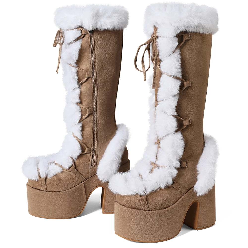 Women's Faux Fur Trim Platform Knee High Boots, Y2K Goth Lace Up Chunky Heel Tall Winter Boots, Suede Warm Cosplay Lolita Combat Snow Boots for Party Daily Wear