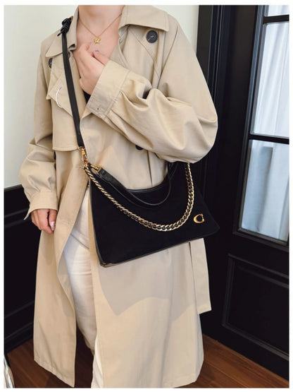 Women's New Light Luxury Fashionable High-End Black Suede Shoulder Crossbody Bag,Versatile for Commuting,Large Capacity Tote Bag