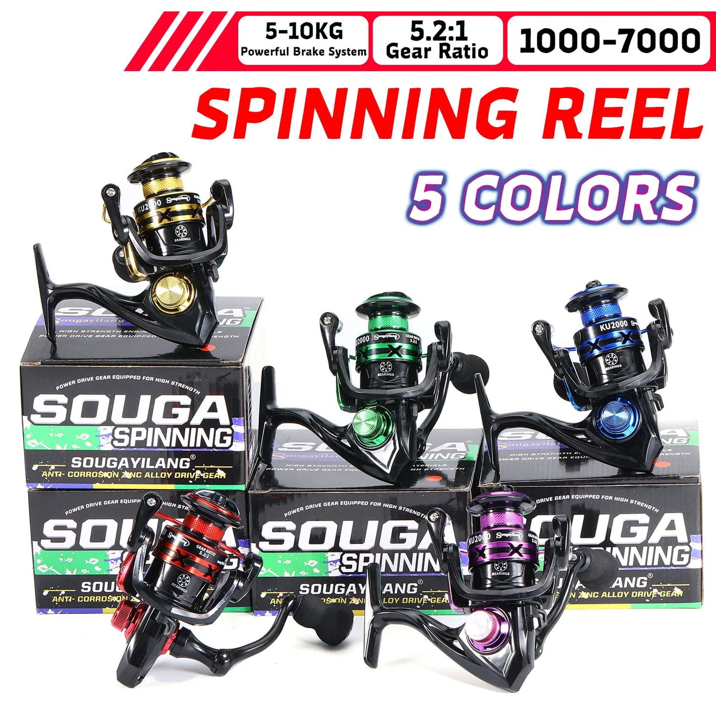 Sougayilang Spinning Fishing Reel 1000-7000 Series 5.2:1 Gear Ratio Aluminum Spool Ultra Smooth Reel Max Drag 20kg Fishing Tool