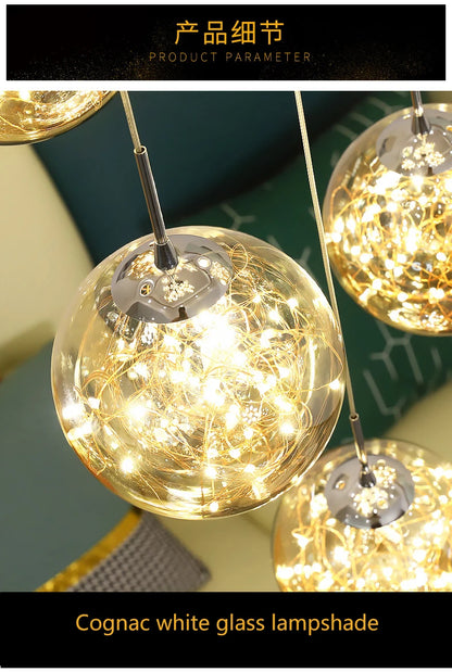Modern LED Chandelier Glass Ball Dimmable Pendant Lamp for Staircase Living Room Home Decor Suspension Lighting Design Lusters