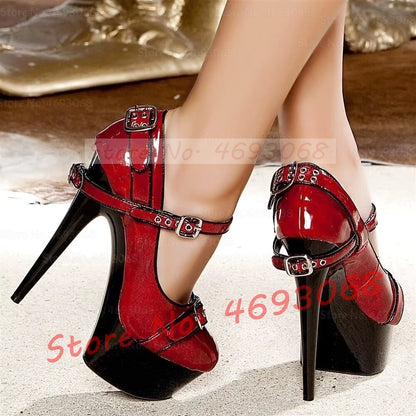 Red Shiny Buckle Strap Black Platform Pumps Ladies Sexy Round Toe Two Colors Stiletto Shoes Women Summer Night Out High Heels
