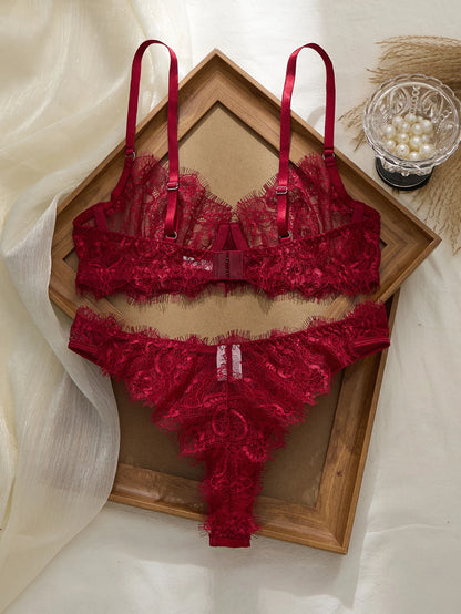 Ladies' Basic Style Thin Lace Bra And Panty Set Seamless Single Layer Eyelet Underwear Comfortable Intimate Apparel