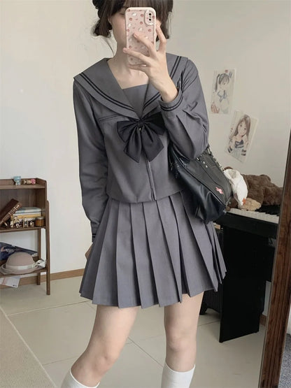 Basic Grey Sailor Suit Set, School Uniform, Preppy Style, Short-sleeved, Long-sleeved, and Short-skirted.