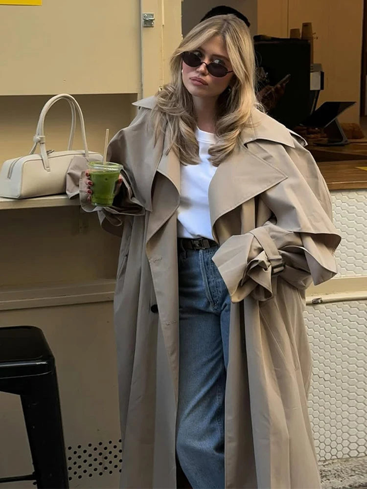 Women Khaki Long Color-block Stripe Trench Coat Wide Lapel Loose Drop Shoulder Blue Lining Slit Windbreaker Commute Outing Coats