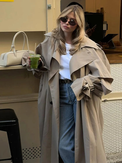 Women Khaki Long Color-block Stripe Trench Coat Wide Lapel Loose Drop Shoulder Blue Lining Slit Windbreaker Commute Outing Coats