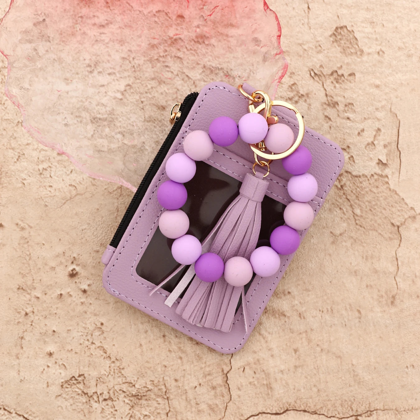 2025 Silicone bead pu leather key chain wristlet id credit card holder keychain wallet for women with bangle bracelet