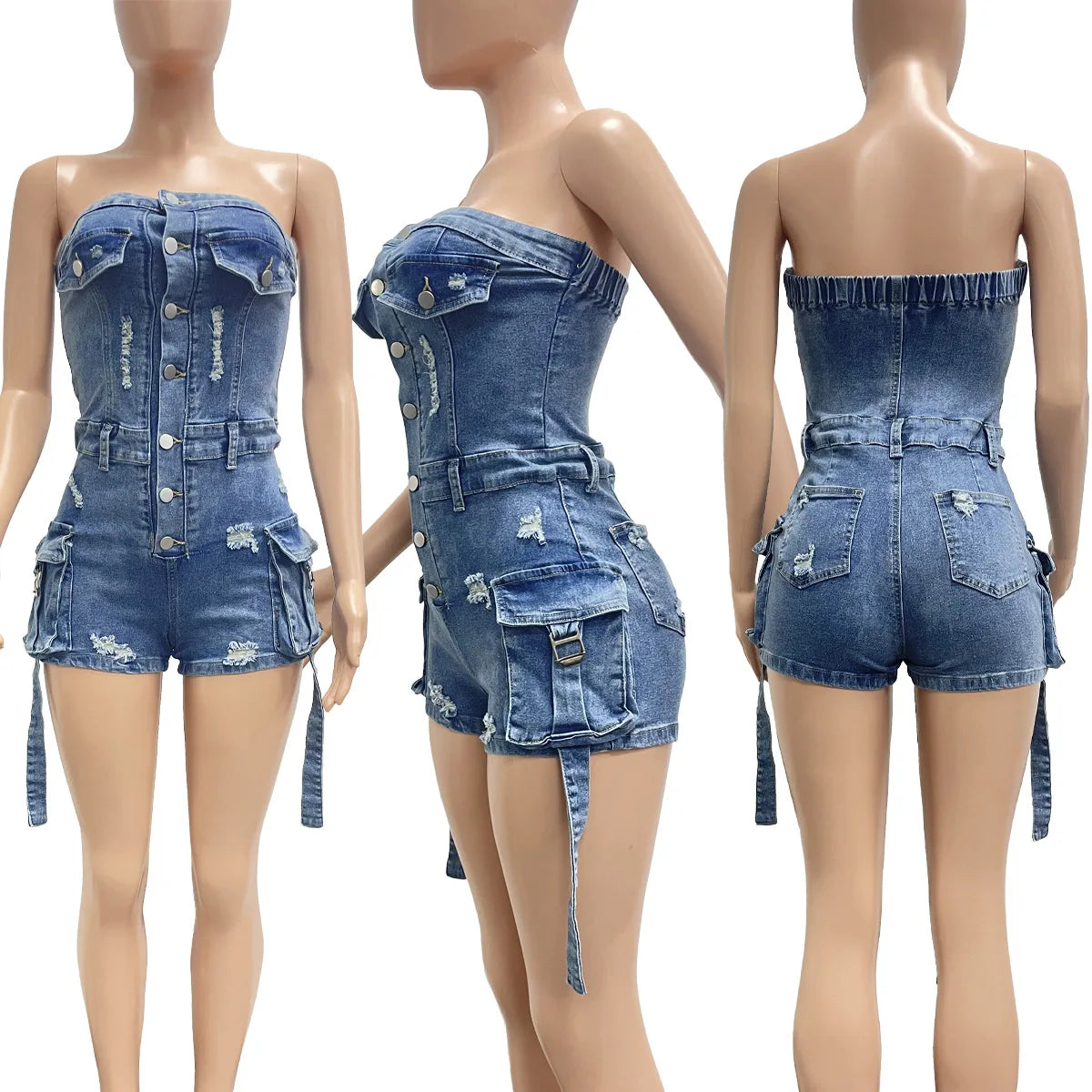 Jumpsuits Women Denim One Piece Jeans Shorts Summer 2025 Short Pants Strapless Backless Hole Washed Distressed Streetwear
