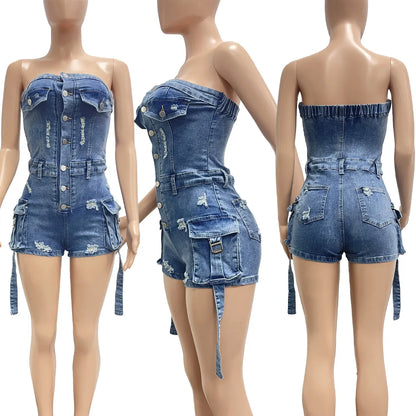 Jumpsuits Women Denim One Piece Jeans Shorts Summer 2025 Short Pants Strapless Backless Hole Washed Distressed Streetwear