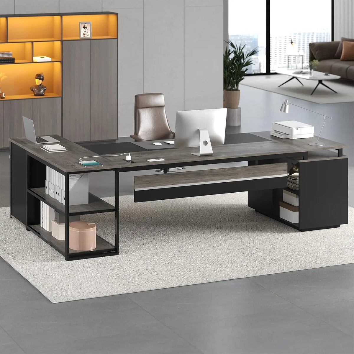 78" Executive Desk with Lockable File Cabinet, L Shaped Office Desk with Power Outlets, Large Executive Desk with, Customized