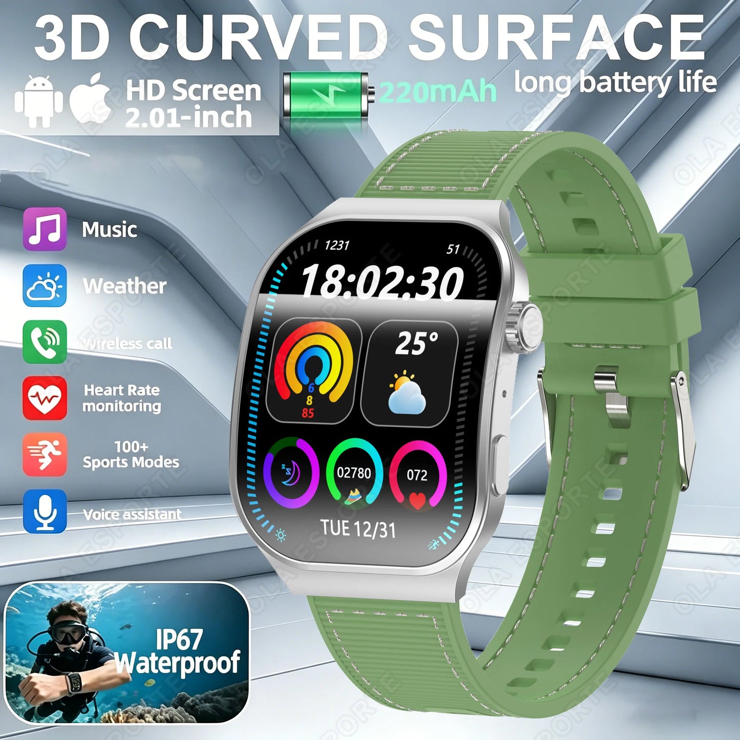 New Curved Screen Women's Smart Watch 2.01'' AMOLED HD Touch Screen Bluetooth5.3 Voice Call Men's Fitness Smart Watch Woman Hw12