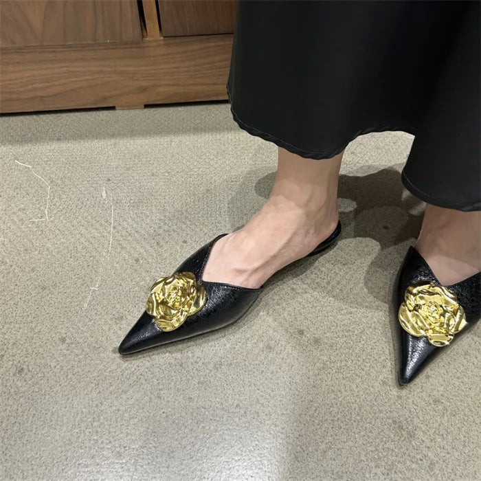 Flower Women Flats Slippers Pointed Toe Elegant Mules Shoes Fad Slingback Sandals 2025 Summer New Luxury Flip Flops Mujer Slides