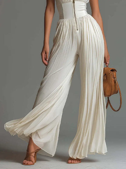 Sexy Deep V Neck Hollow Zip Jumpsuit Women's Spring Solid High Waist Wide Leg Romper Summer Sleeveless Pleated Vacation Overalls