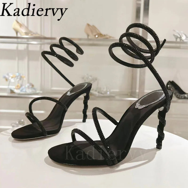 Luxury High Heels Sandals Woman Rhinestone Snake Twine Around Ankle Strap Wedding Shoes Stiletto Summer Gladiator Sandals Women