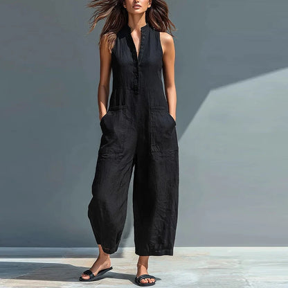 Summer Sleeveless Jumpsuit Women V Neck Solid Color Pocket Cotton Linen Long Pants Jumpsuits Women Romper Commuting Playsuits