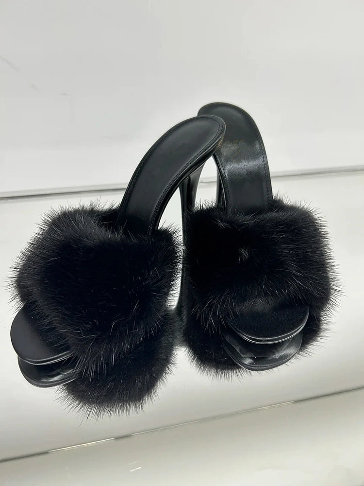 Mink fur high heels for women, slim heels, summer new style, open toe slippers, sexy fish mouth leather party sandals for women