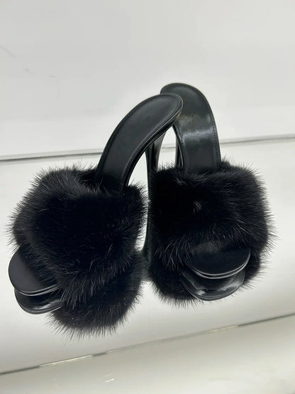 Mink fur high heels for women, slim heels, summer new style, open toe slippers, sexy fish mouth leather party sandals for women