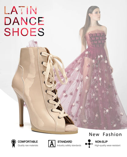 Women Sexy Thin High Heel Dance Shoes Party Ballroom Pole Jazz Lace Up Platform Dancing Boots Short Tube Heels 8.5/9.5CM Booties