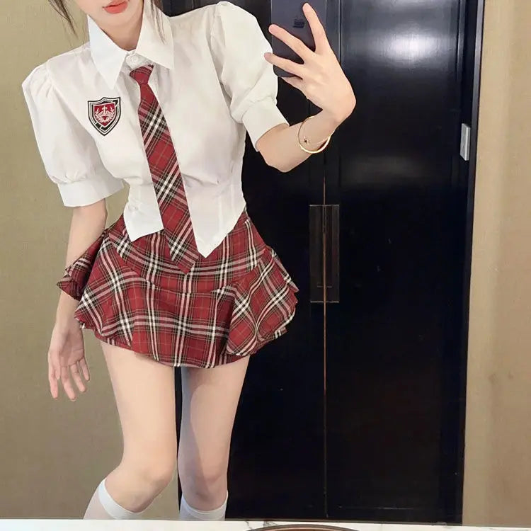 2025 improved cute sexy korea jk suit women autumn jk school uniform women shirt plaid pleated half skirt fashion two-piece set