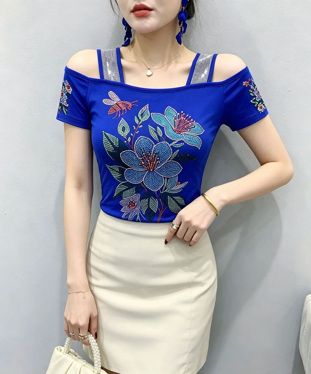 High Quality Elasticity Clothes Fashion T-Shirts Women's Sexy Off Shoulder Shiny Diamonds Mesh Tops Summer Tees Shirt