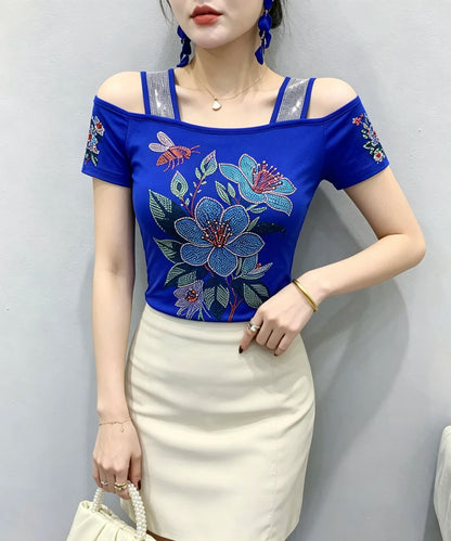 High Quality Elasticity Clothes Fashion T-Shirts Women's Sexy Off Shoulder Shiny Diamonds Mesh Tops Summer Tees Shirt