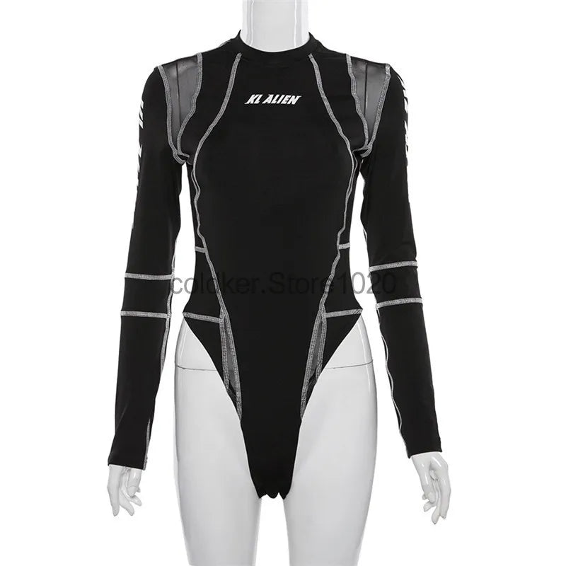 2025 Women Sexy Mesh Patchwork Letter Print Bodysuit Fashion Balck Patchwork Long Sleeve O-Neck Fitness Tops Wild Streetwear