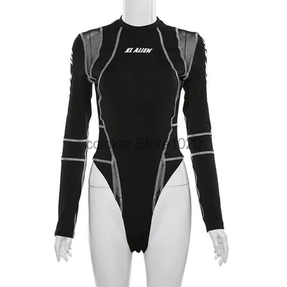 2025 Women Sexy Mesh Patchwork Letter Print Bodysuit Fashion Balck Patchwork Long Sleeve O-Neck Fitness Tops Wild Streetwear