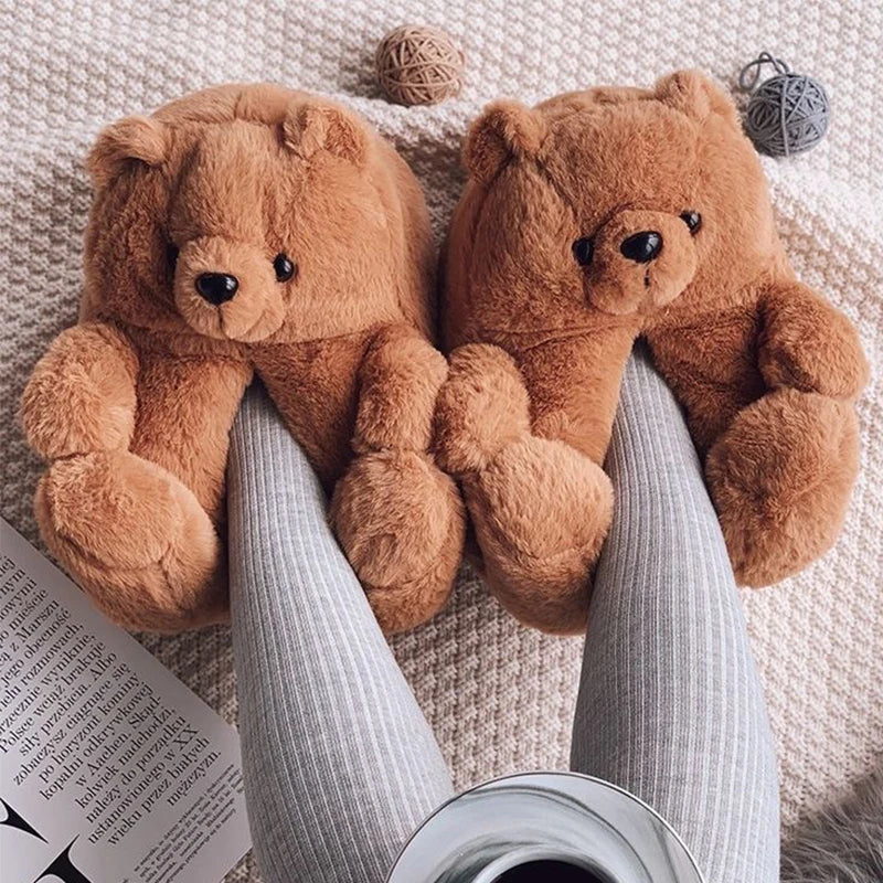 Cute Teddy Bear Plush Winter Slippers, Wrapped Heel Funny Indoor Floor Shoes, Women Gift, Warm Soft Cartoon Fluffy Animal Slippe