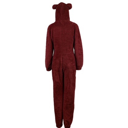 Women Winter Warm Plush Romper Pajamas Solid Color Long-Sleeve Zipper High Neck Hooded Homewear S/M/L/XL/2XL